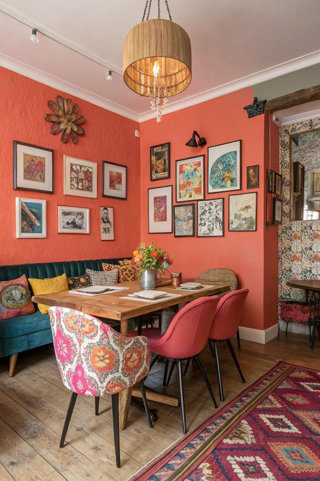 A lively dining room energized by the vibrant hue of coral.