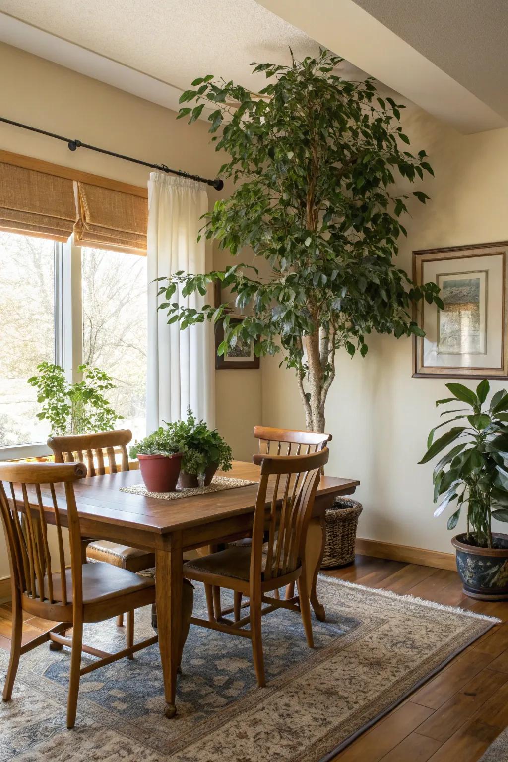 A large indoor plant brings vibrancy and life to the dining room.