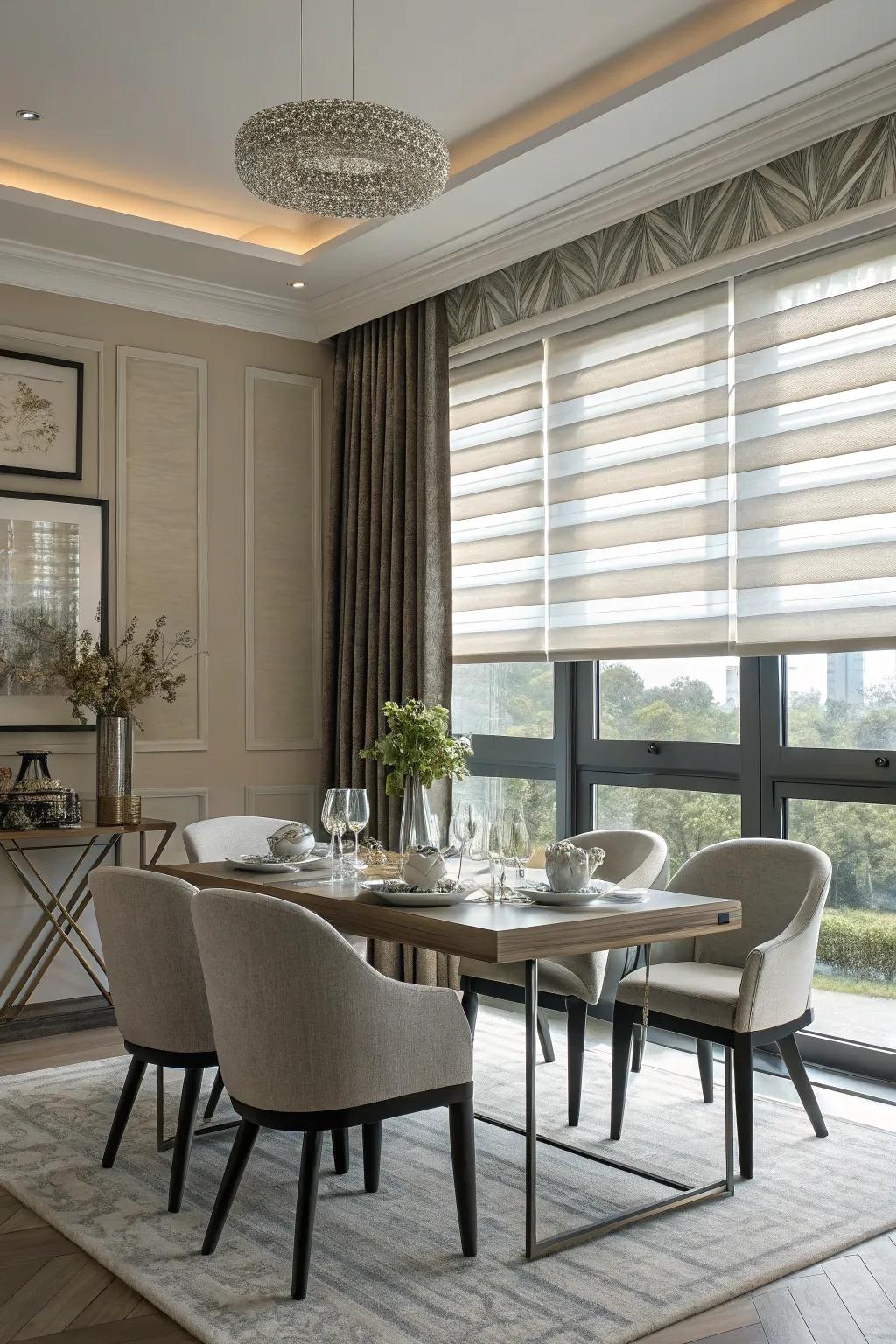 Smart technology like motorized blinds brings modern convenience to your dining space.