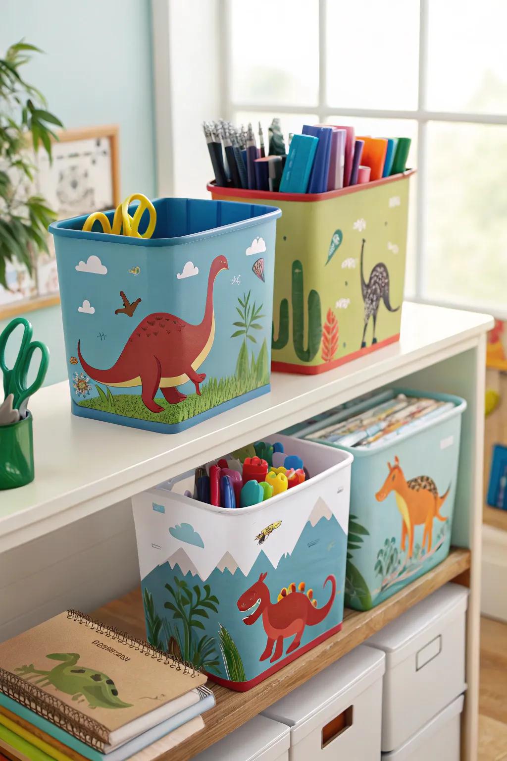 Dinosaur-themed bins keeping craft supplies organized.