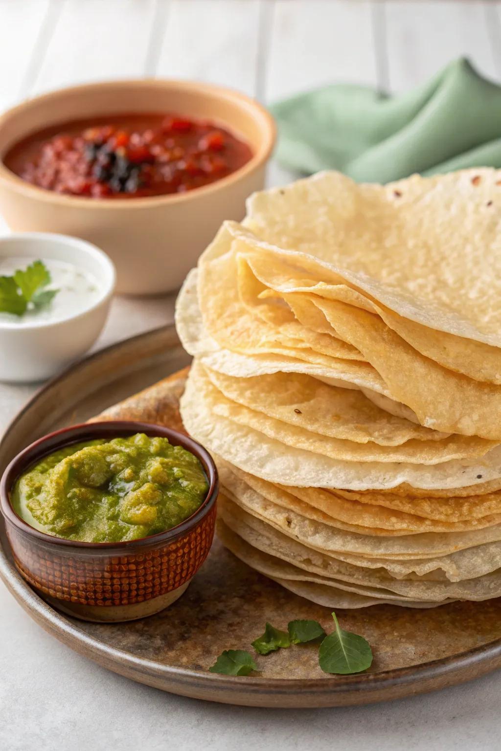 Crispy papadums with chutneys, perfect for adding crunch to your meal.