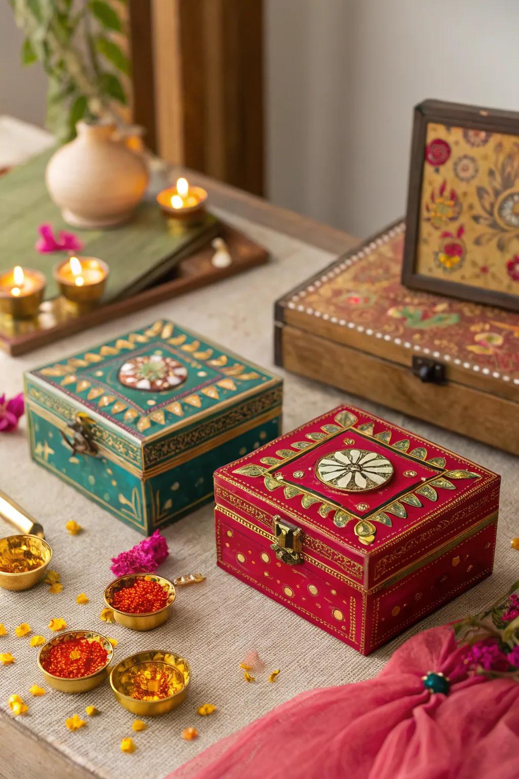 Intricately detailed jewelry boxes serve as unique decor pieces on the Diwali table.