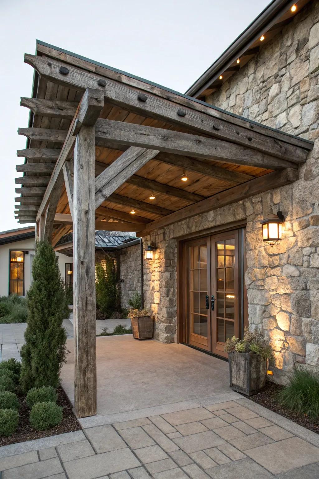 A timber beam awning that enhances the natural charm of the entrance.