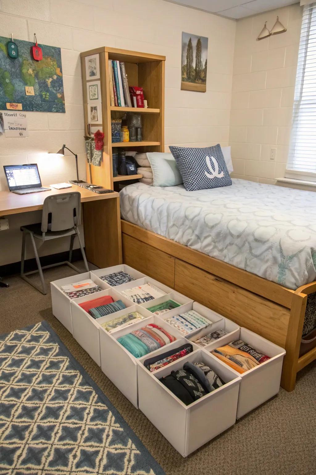 Under-bed storage solutions in a dorm room, maximizing available space.