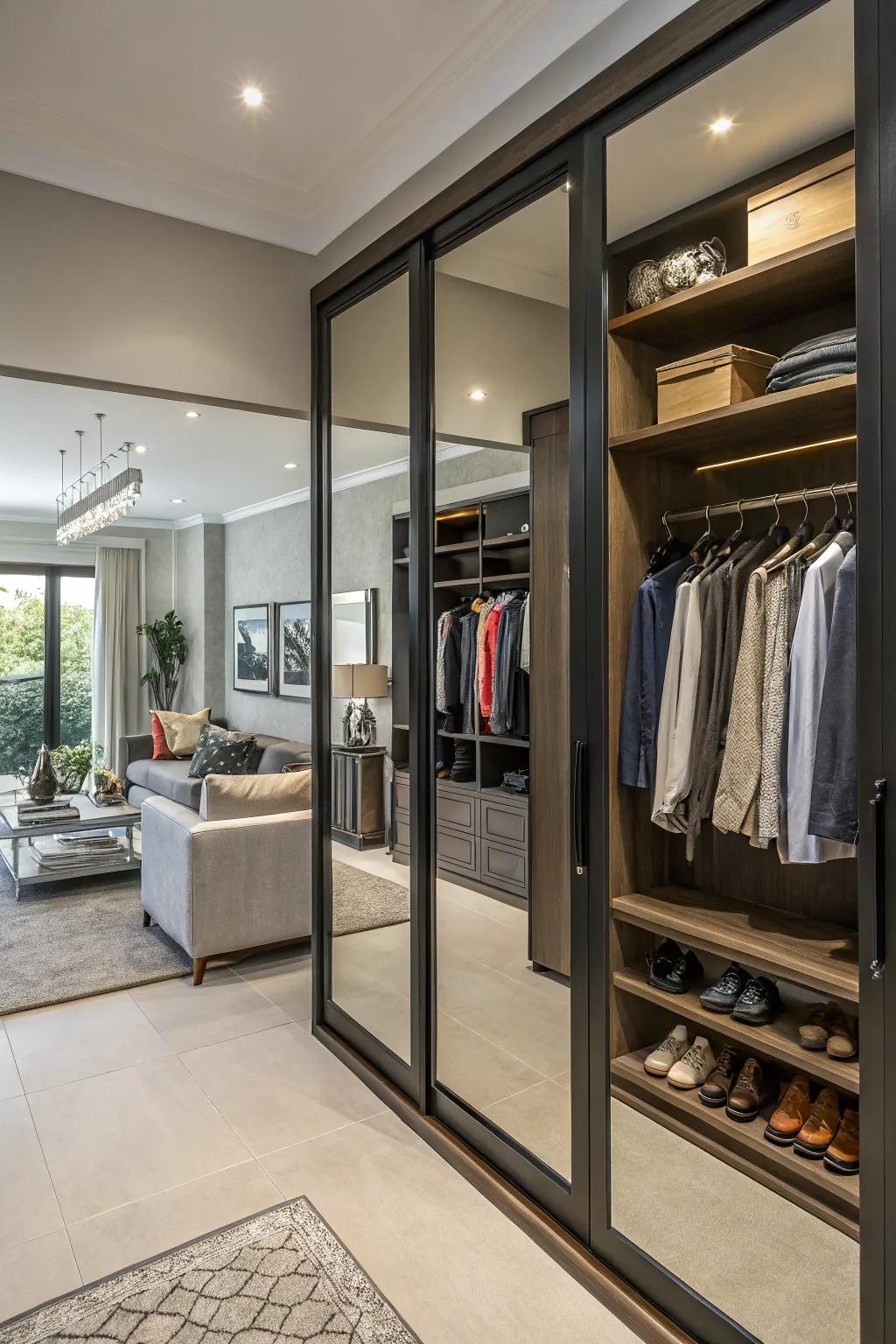 Mirrored panels enhance a double closet's functionality and style.