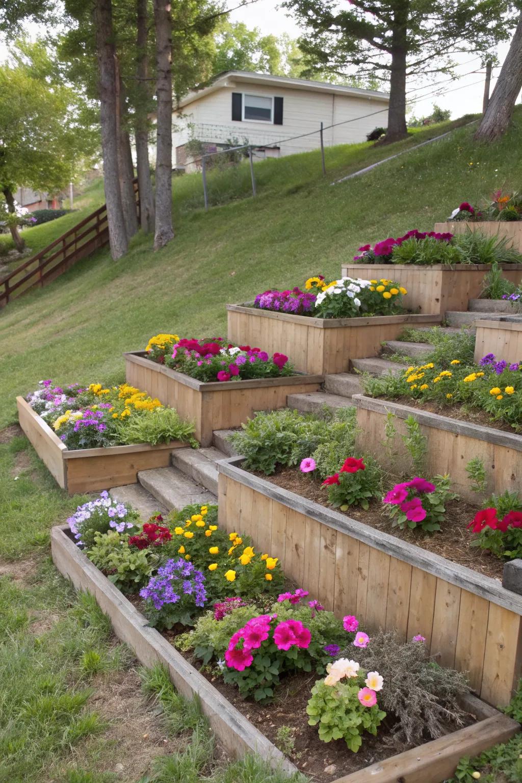 Staggered planters add vibrant color and texture to sloped gardens.