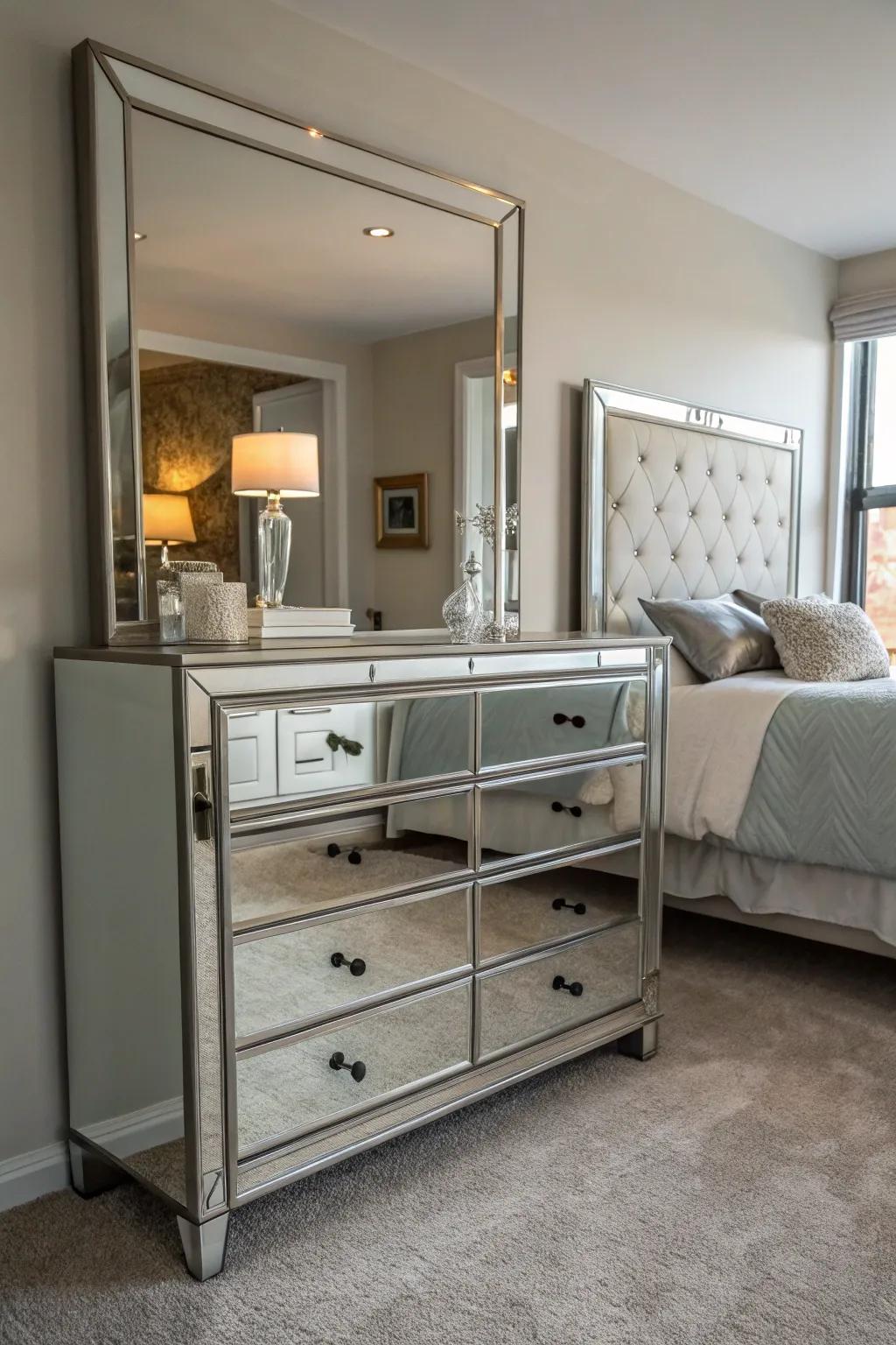 A mirrored dresser enhancing luxury and light in a compact space.