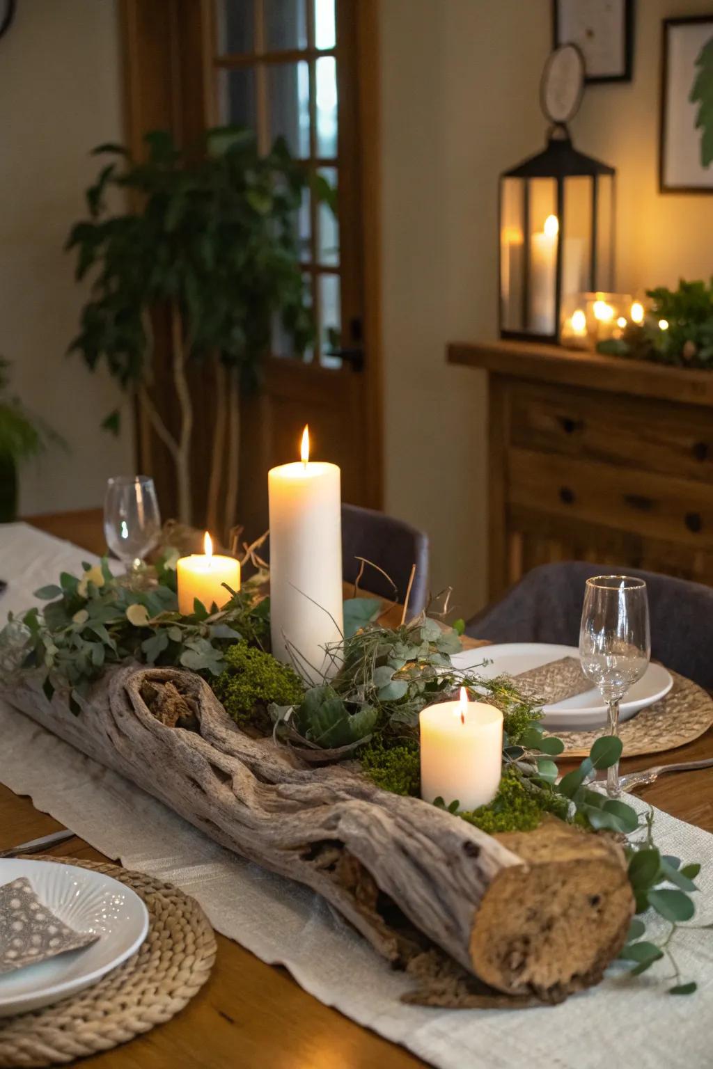 Create a captivating table setting with a driftwood centerpiece.