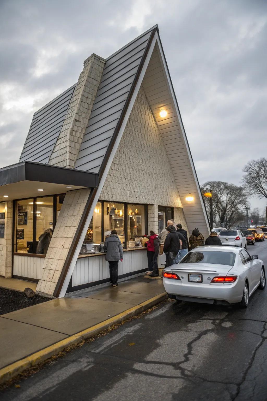 Drive-thru coffee shop with an eye-catching asymmetrical design.