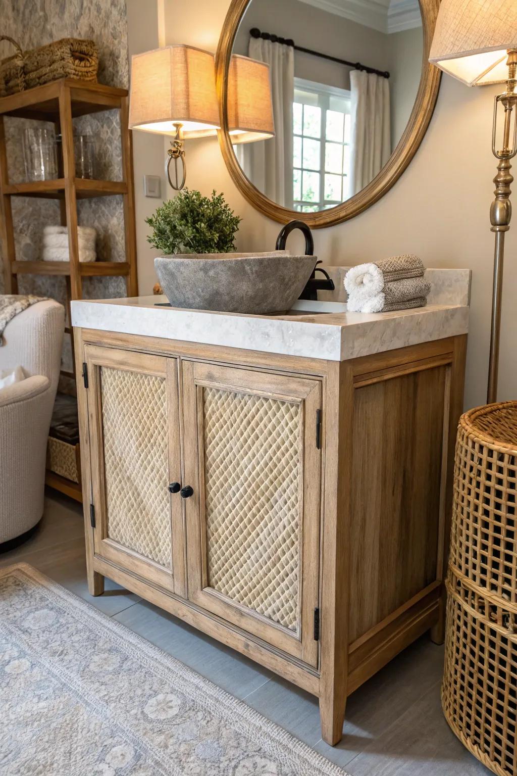 Caning adds texture and bohemian flair to this dry sink.