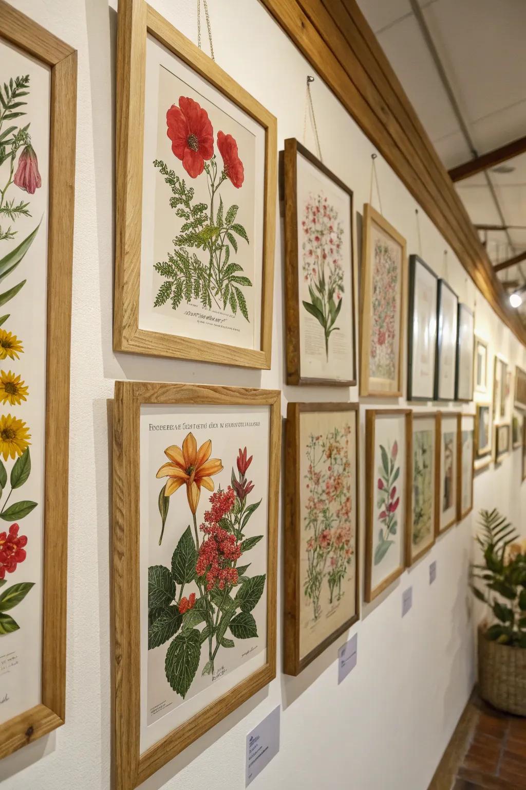 Wall adorned with botanical prints for a touch of nature.