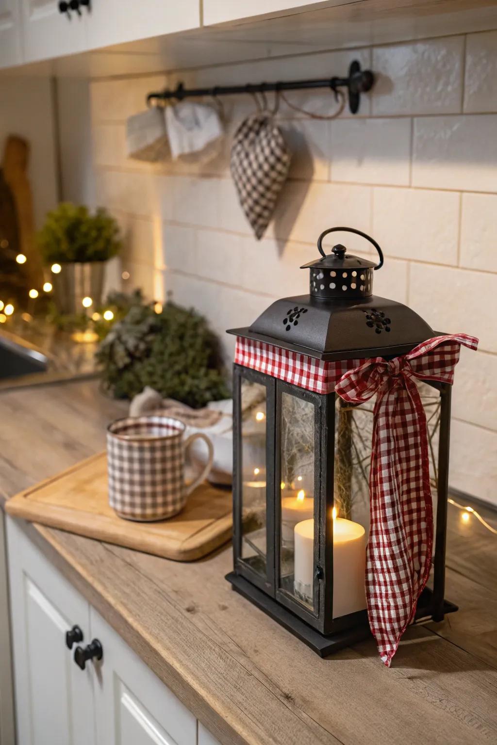 Gingham fabric adds a country chic touch to lanterns.