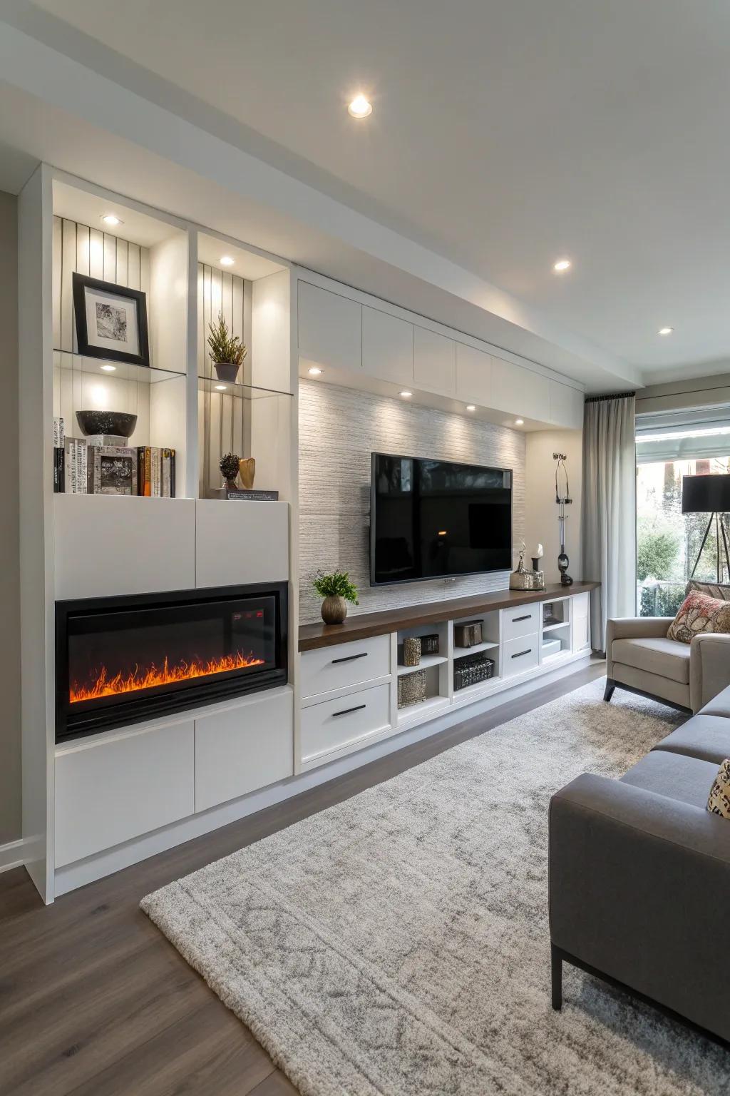 A modern media center combines style and functionality with an electric fireplace.