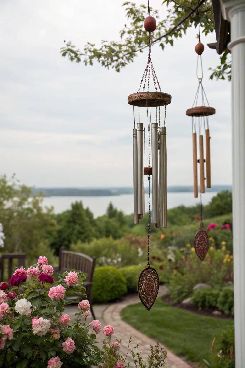 Whimsical wind chimes add a musical touch.