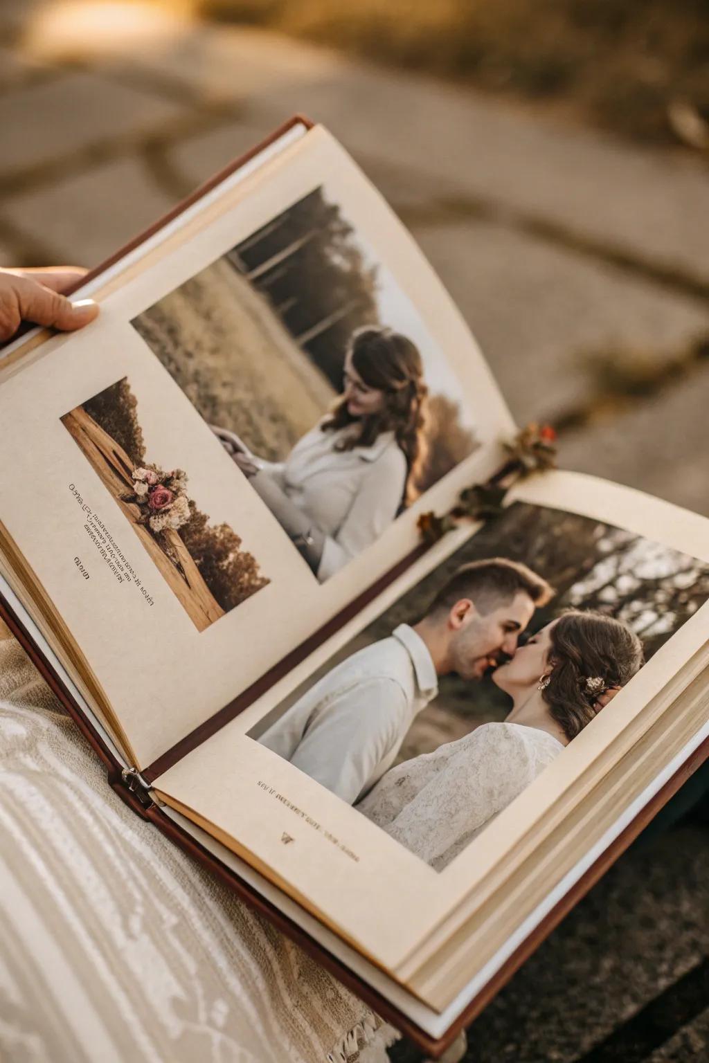 Vintage elements add charm to an engagement photo book.