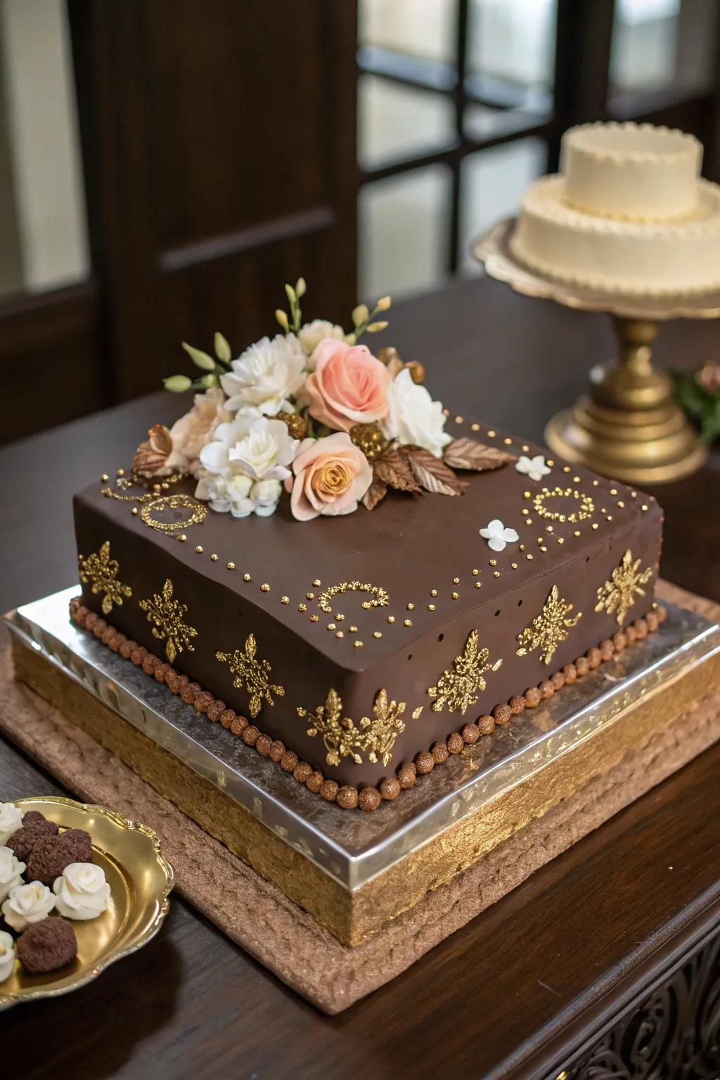 A chocolate engagement sheet cake with elegant decorations.