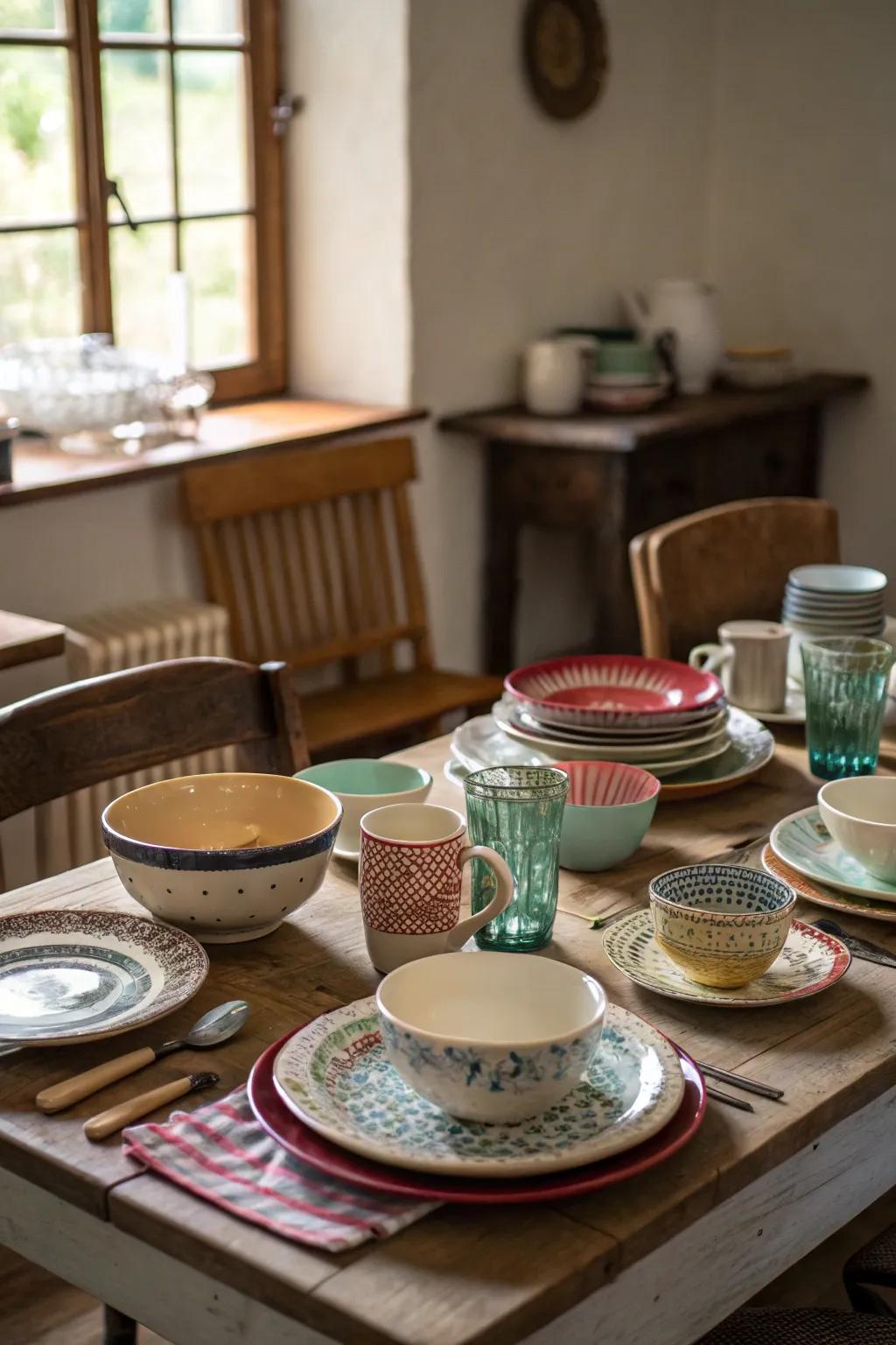 Mismatched china adds a cozy, eclectic touch.