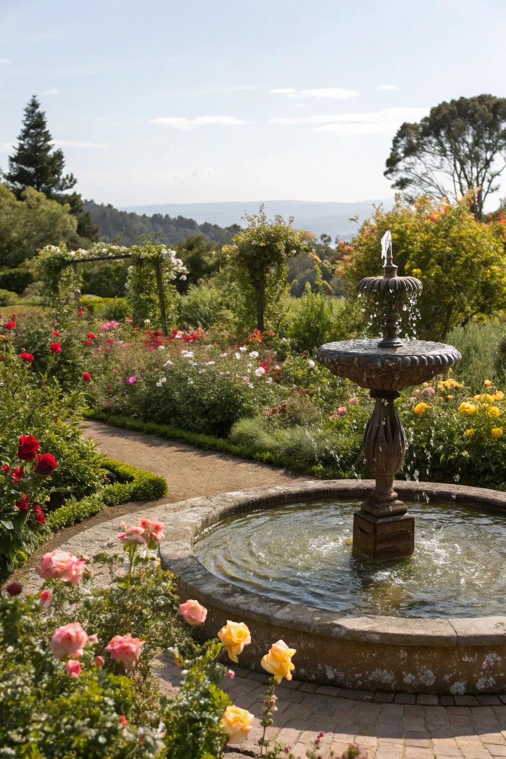 A water feature adds tranquility to any garden space.