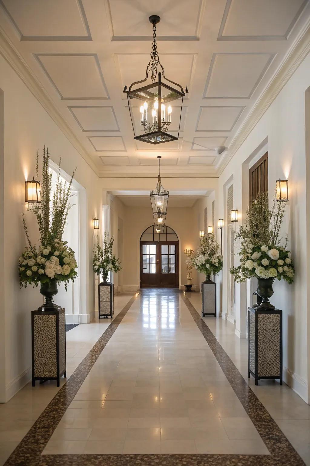 Symmetrical decor arrangement creates balance in this entry hallway.