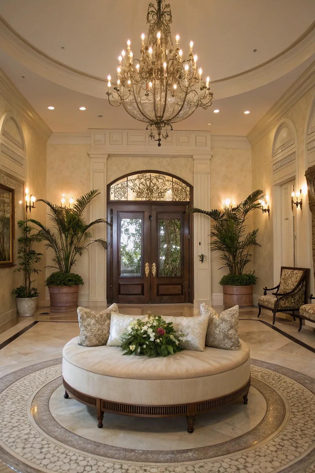 A circular bench serves as a stunning centerpiece in this large entryway.