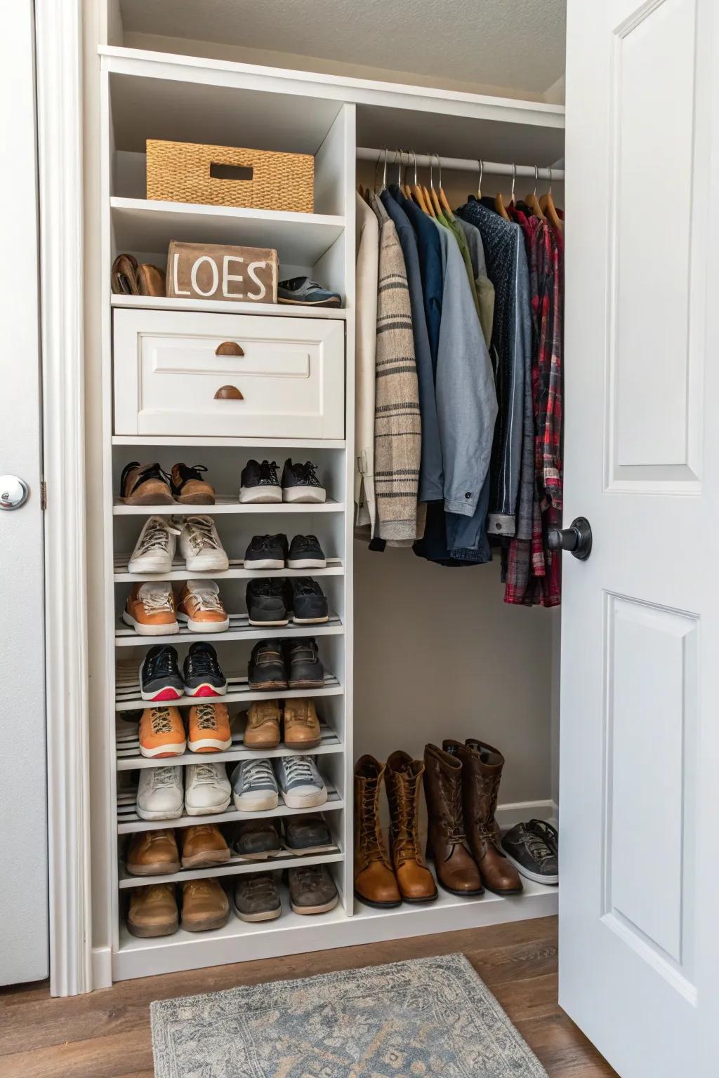 A shoe rack ensures a neat and orderly entryway.