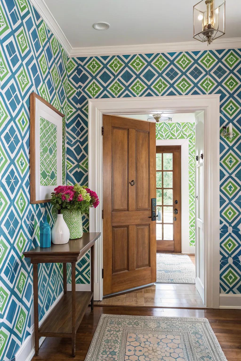 Wallpaper transforms and enlivens the entryway.