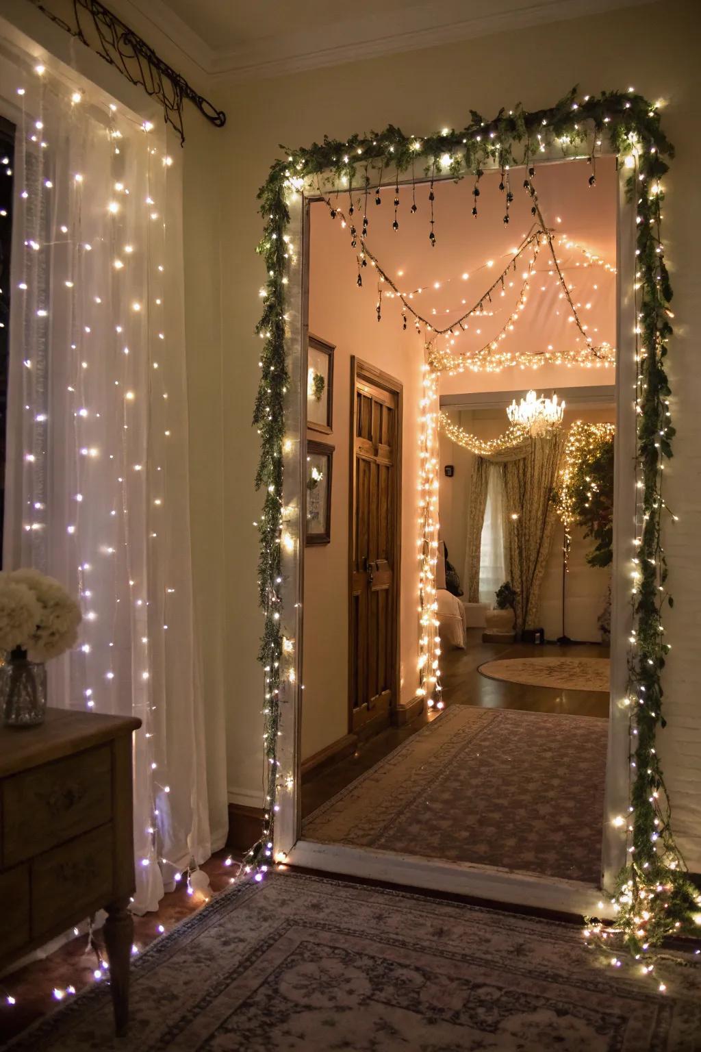 An entryway with fairy lights adding a whimsical and magical ambiance.