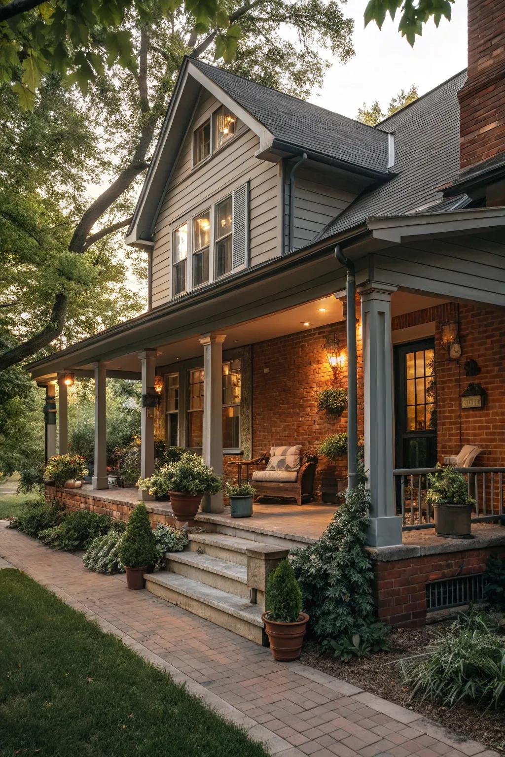 Warm gray and rustic brick create a cozy ambiance.