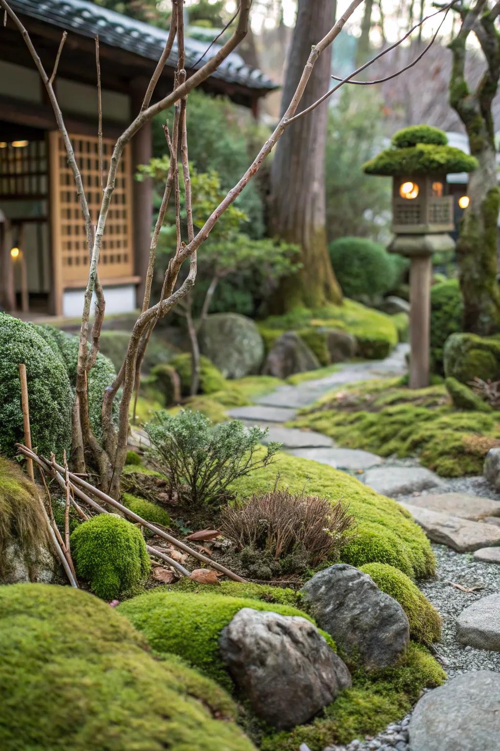 Nature elements add an earthy touch to the decor.