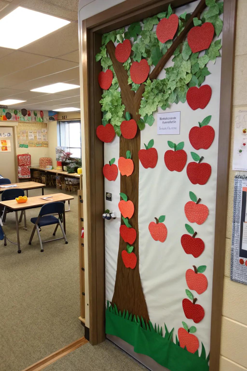 Apple orchard door decor with dynamic hanging.