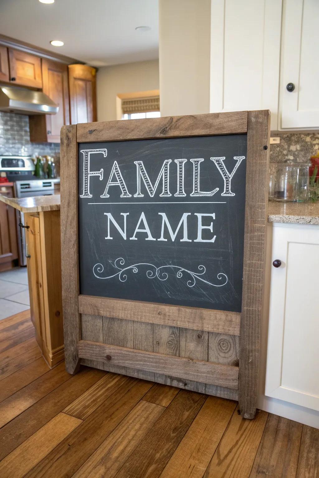 A chalkboard-inspired family name sign adding charm to a kitchen.