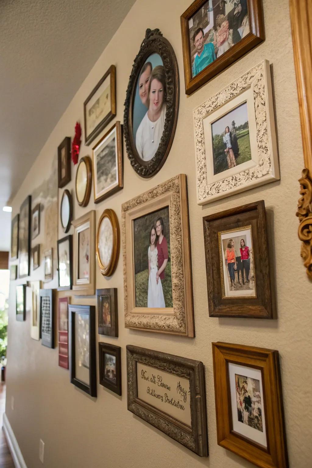 An eclectic collection of frames adding charm to the family wall.