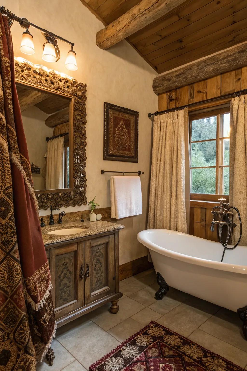 A touch of glamour can elevate the rustic theme in a farmhouse bathroom.