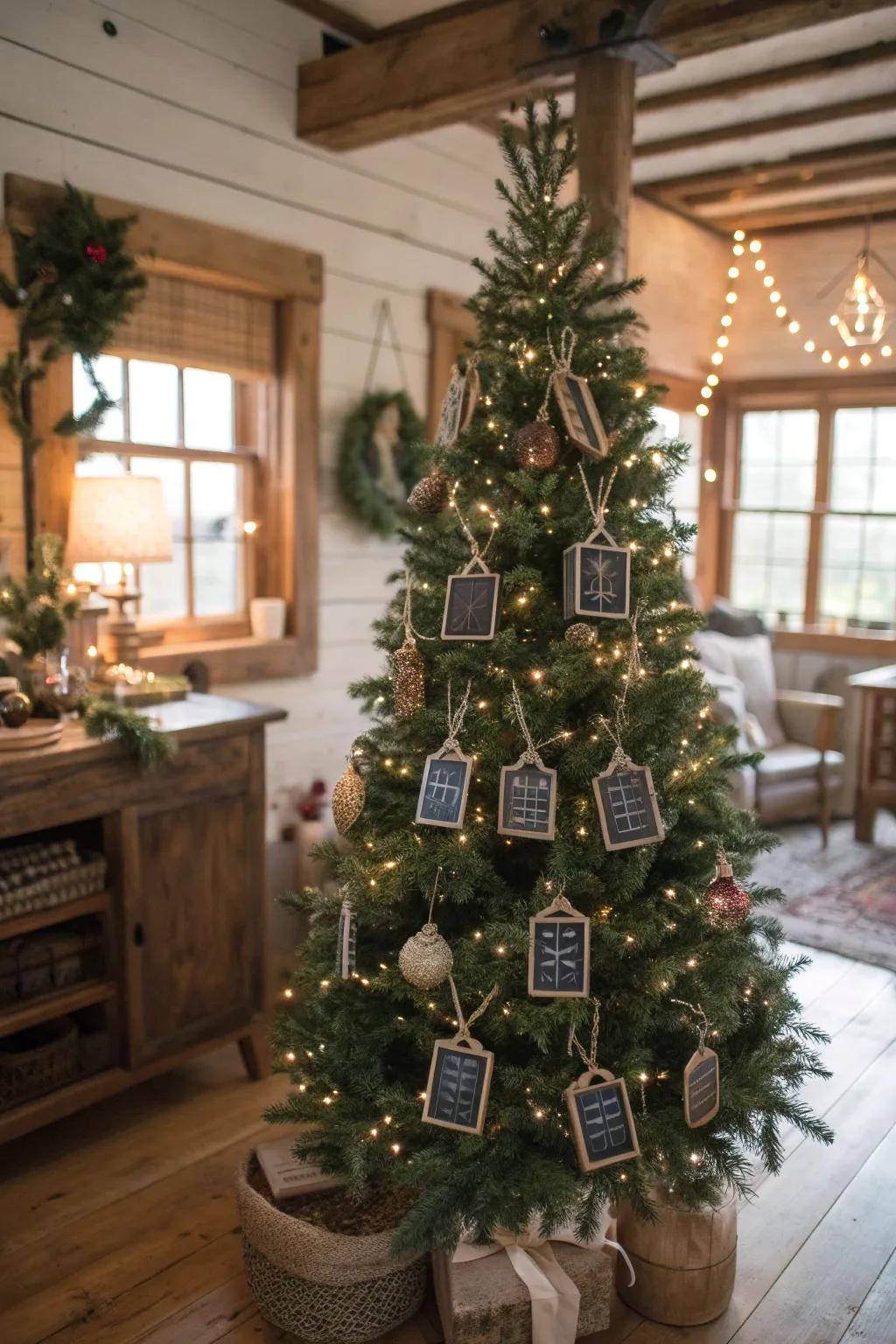 Mini chalkboard ornaments add a customizable touch to this tree.