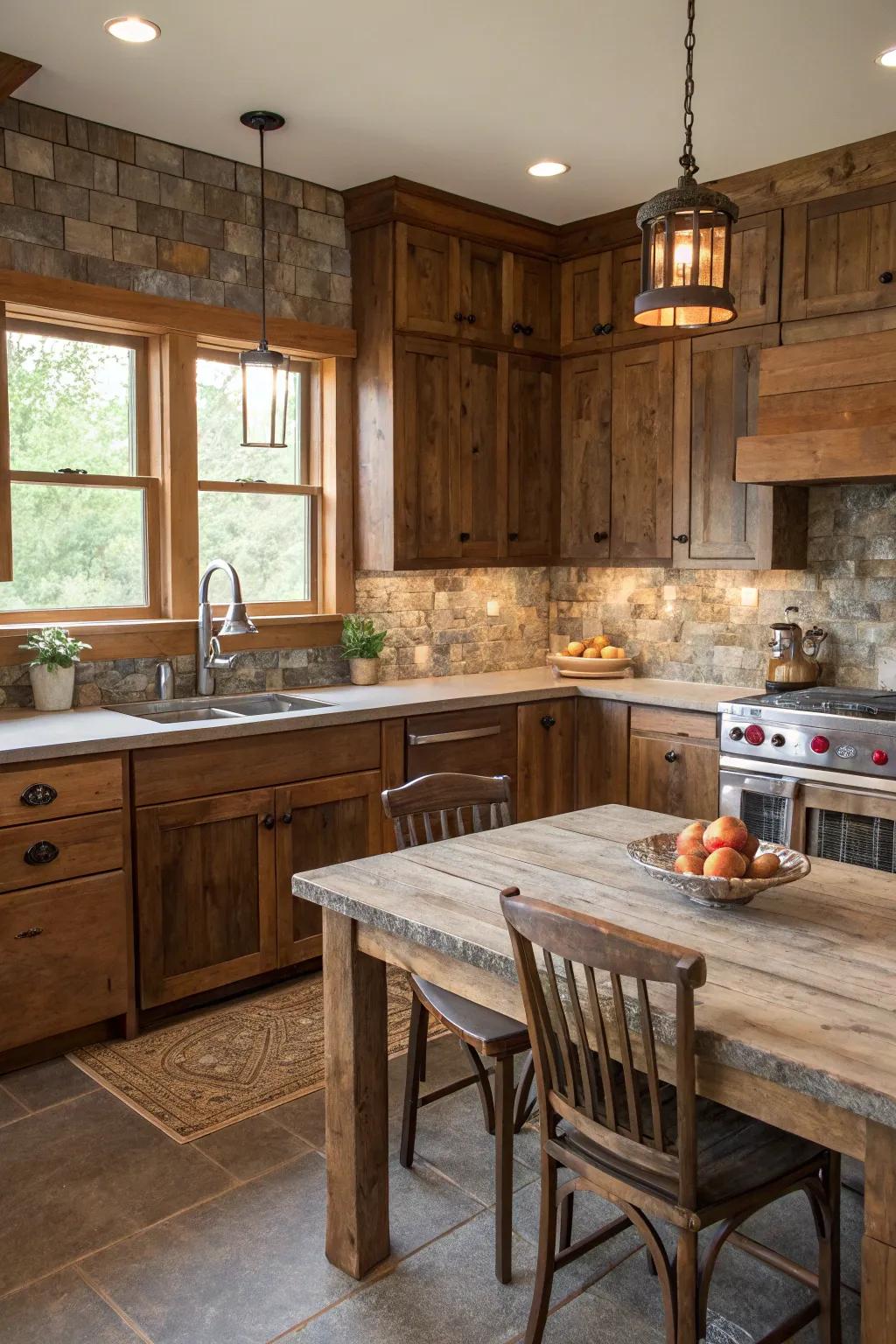 A farmhouse kitchen with a backsplash made from reclaimed materials.