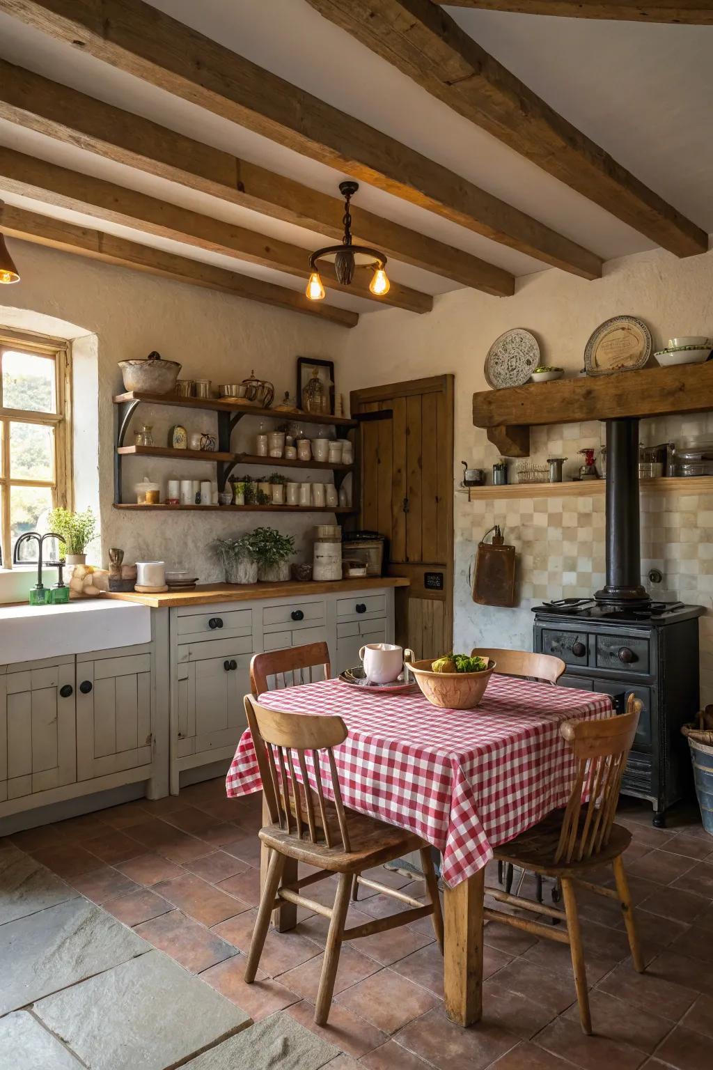 A farmhouse kitchen featuring a cozy breakfast nook.