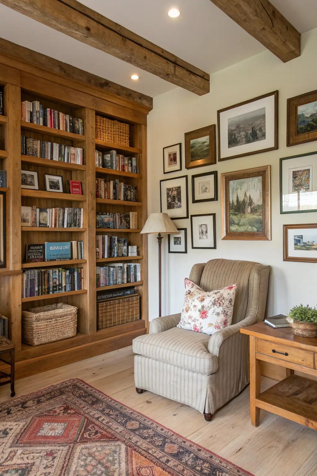 A gallery wall personalizes the library with family memories and art.