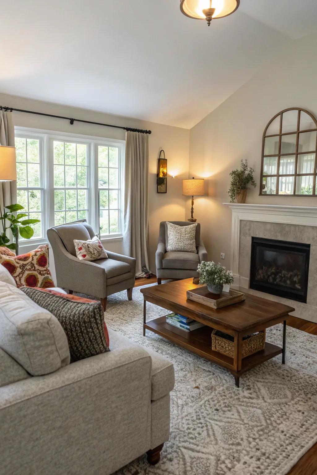 A living room showcasing a dynamic asymmetrical furniture arrangement.