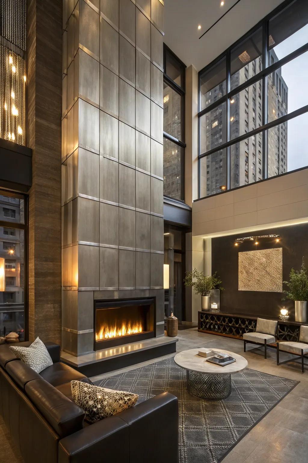 An urban loft featuring a fireplace with sleek metallic paneling.