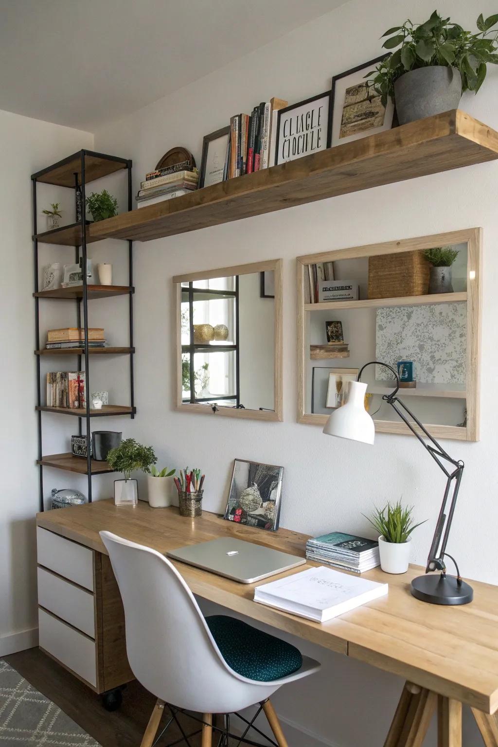 Mirrors behind shelves create the illusion of a larger space.