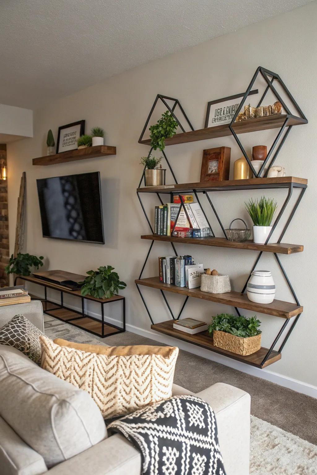 Geometric pattern of floating shelves for artistic appeal