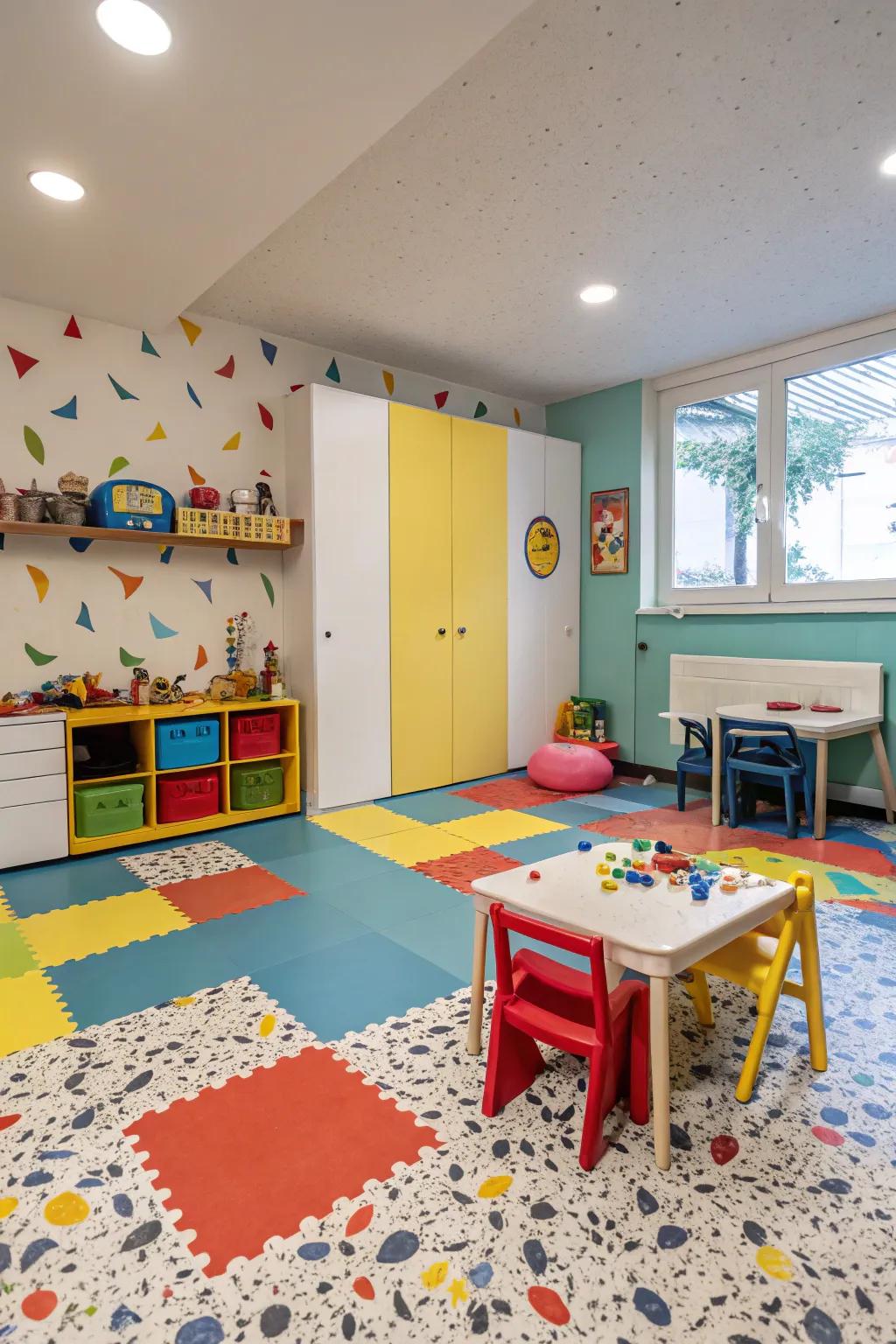 Linoleum floors offer durability and a splash of color.