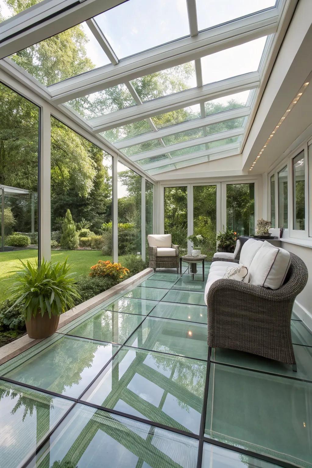 Unique sunroom with glass flooring and garden view.