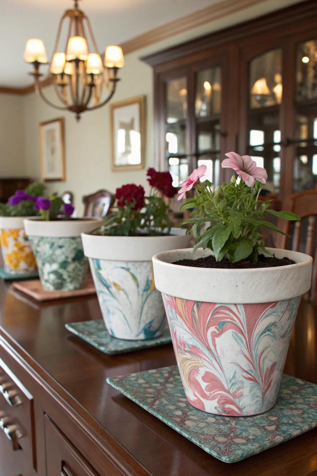 Create a sophisticated look with marbled flower pots.