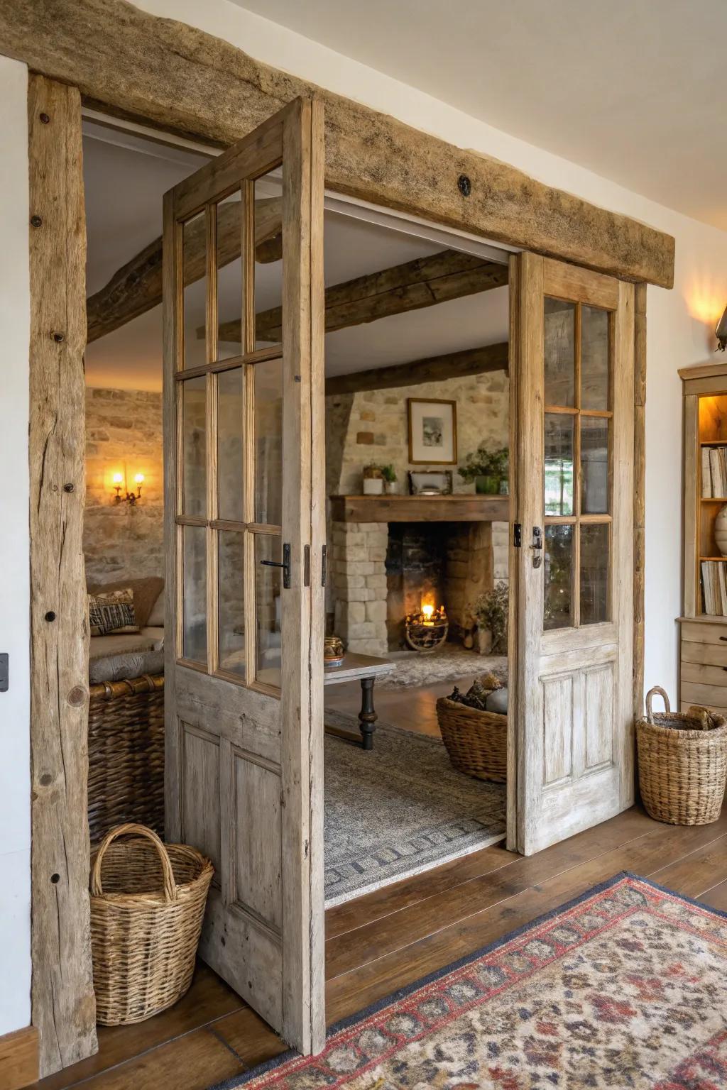 Rustic finishes add cozy charm to French doors.