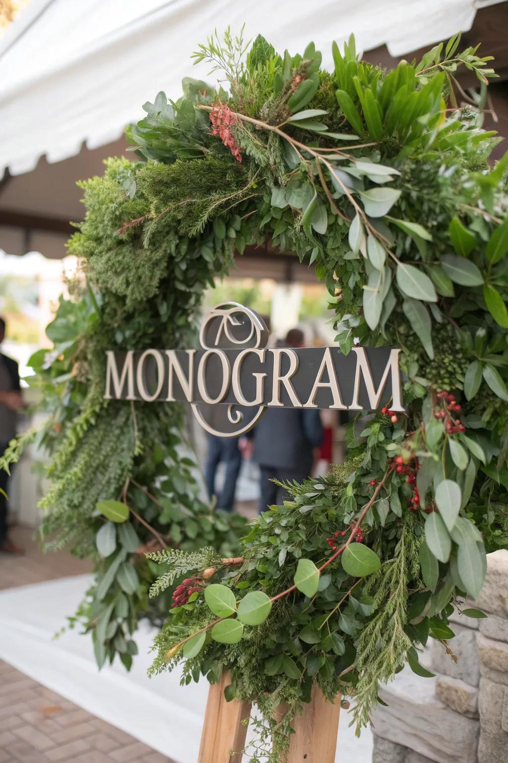 A monogram wreath adding a personalized statement to your front door.