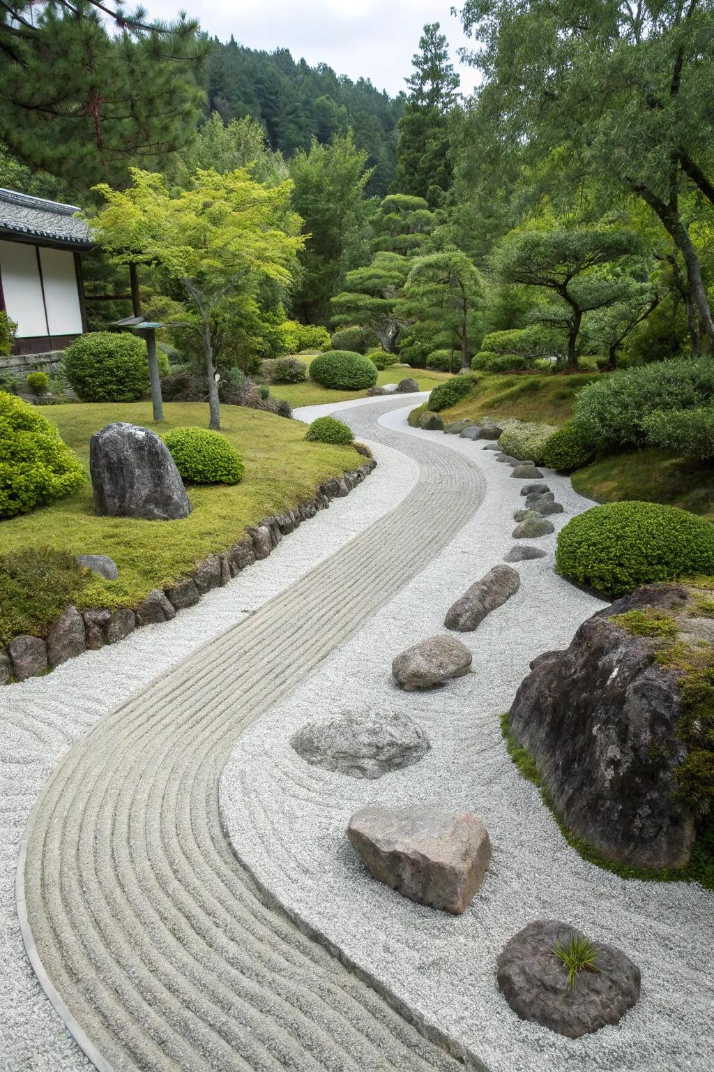 A tranquil Zen garden path leading to a serene home entry.