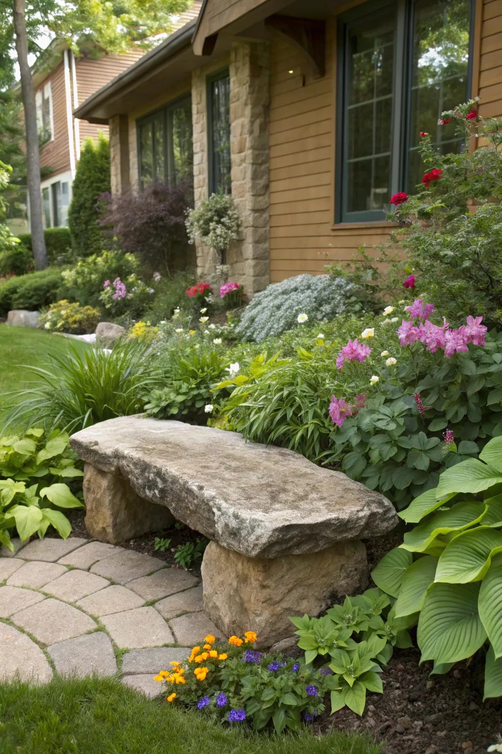 A rock bench providing a natural seating area in a front yard garden.