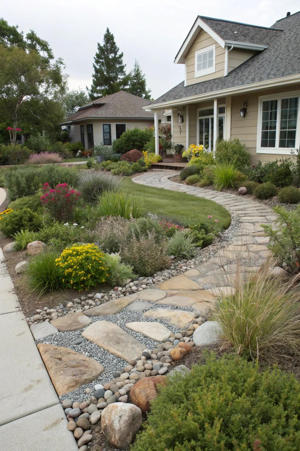 Permeable walkways support sustainability in xeriscape designs.