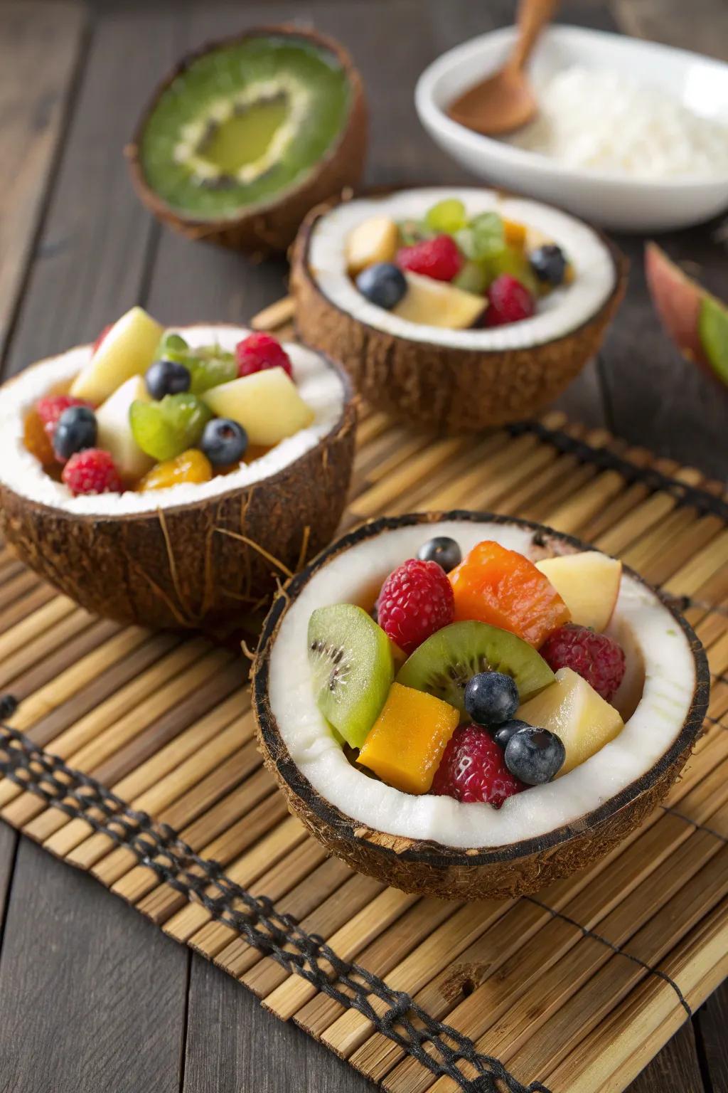 Coconut shell bowls provide a tropical and eco-friendly serving option.